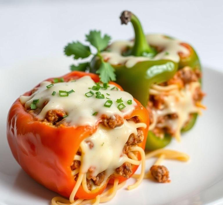 Spaghetti and Meat Stuffed Bell Peppers